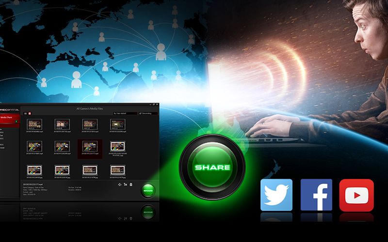 Embedded Sharing. RECentral shares your gameplay on Youtube, Facebook, and Twitch.